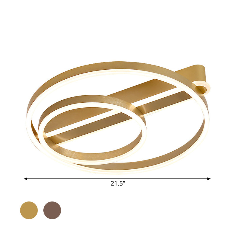 Modern Metal Gold/Coffee Flush Mount Light - 18"/21.5" W 2-Hoop LED Flush Ceiling Lamp - Parlor, Warm/White Light