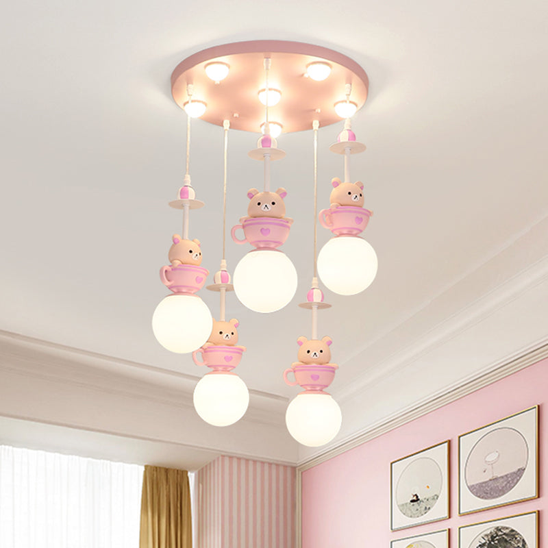 Modern 5-Light Pink Nursery Lamp With Cream Glass Shades Warm/White Lighting / White