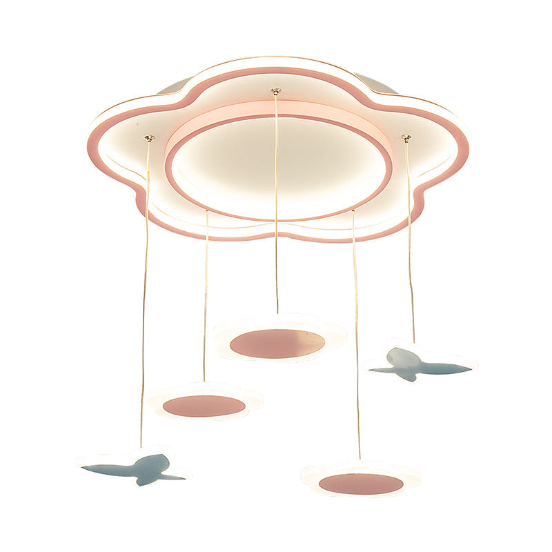 Contemporary Flower Shape Metallic Multi Ceiling Light: Pink Led 5-Light Pendulum Lamp For Girls