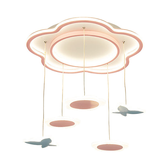 Contemporary Flower Shape Metallic Multi Ceiling Light: Pink Led 5-Light Pendulum Lamp For Girls