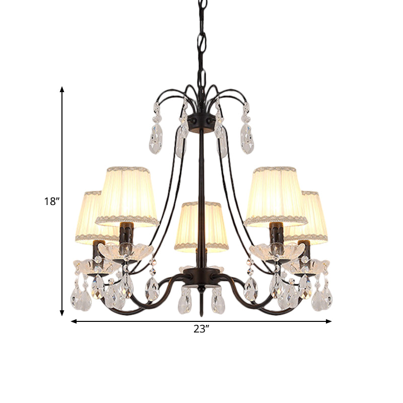 Black Modernist Cone Hanging Chandelier - Fabric 5/6/8 Bulbs - Restaurant Down Lighting with Crystal Drops