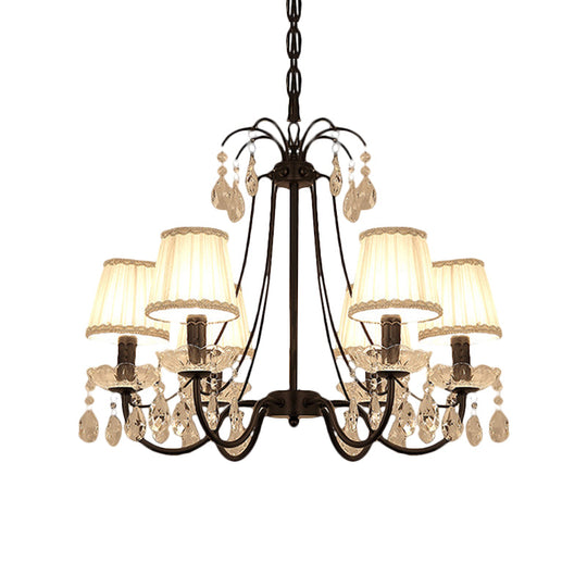 Black Modernist Cone Hanging Chandelier - Fabric 5/6/8 Bulbs - Restaurant Down Lighting with Crystal Drops