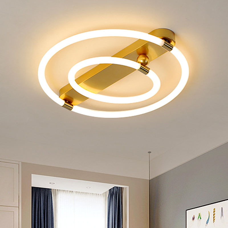 Contemporary LED Gold Ceiling Fixture - Iron Rings and Oblong Flush Lamp, 16"/19.5" W, Warm/White Light