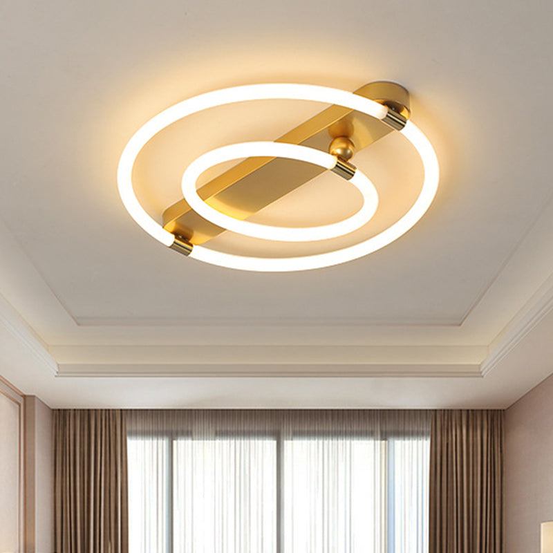 Contemporary LED Gold Ceiling Fixture - Iron Rings and Oblong Flush Lamp, 16"/19.5" W, Warm/White Light