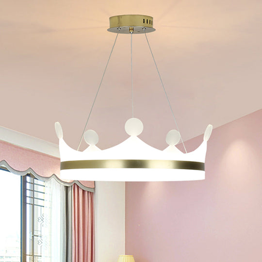Gold Metallic Kids Crown Hanging Lamp - Led Chandelier For Girls Bedroom Warm/White Light