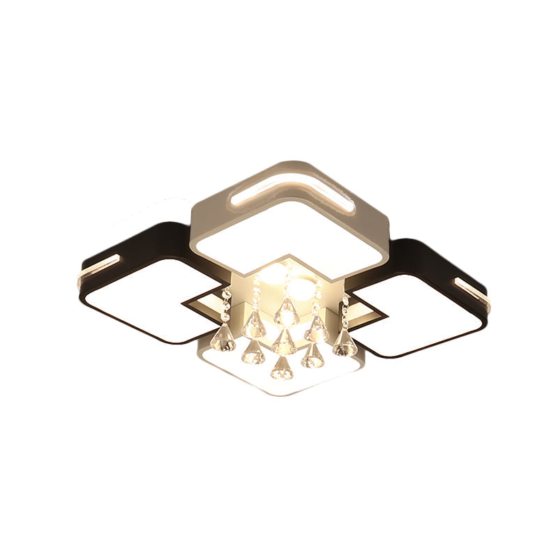 Modern Square LED Flushmount Light Fixture with Crystal Drop and Warm/White Lighting in Black and White Metal Design