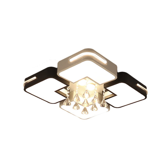 Modern Square LED Flushmount Light Fixture with Crystal Drop and Warm/White Lighting in Black and White Metal Design