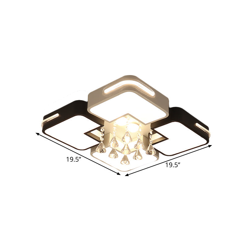 Modern Square LED Flushmount Light Fixture with Crystal Drop and Warm/White Lighting in Black and White Metal Design