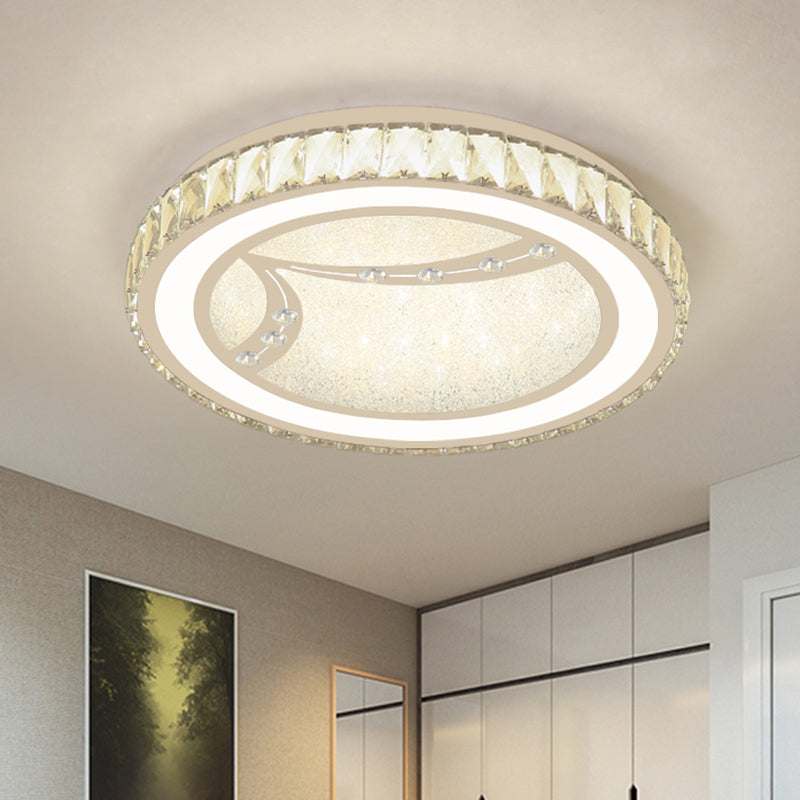 Drum Ceiling Lamp with Crystal Bead Deco - Minimalist Acrylic LED Flush Mount Fixture, Chrome Finish - Warm/White Light for Bedroom