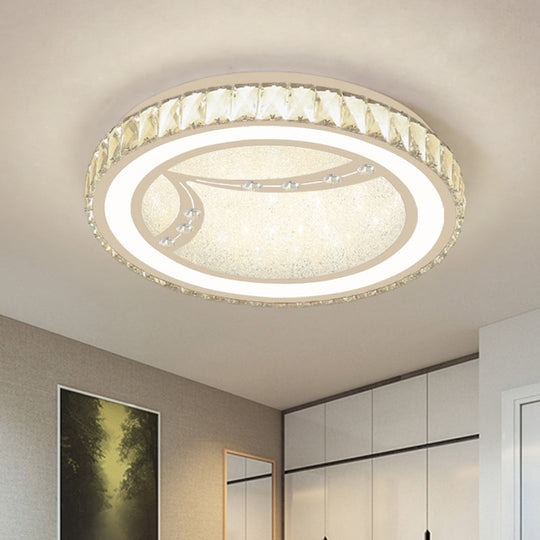 Drum Ceiling Lamp with Crystal Bead Deco - Minimalist Acrylic LED Flush Mount Fixture, Chrome Finish - Warm/White Light for Bedroom