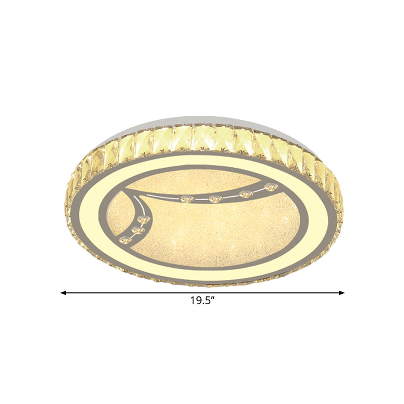 Drum Ceiling Lamp with Crystal Bead Deco - Minimalist Acrylic LED Flush Mount Fixture, Chrome Finish - Warm/White Light for Bedroom