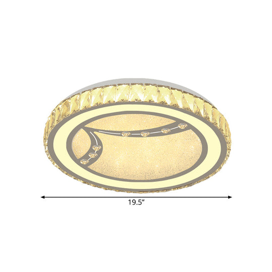 Drum Ceiling Lamp with Crystal Bead Deco - Minimalist Acrylic LED Flush Mount Fixture, Chrome Finish - Warm/White Light for Bedroom