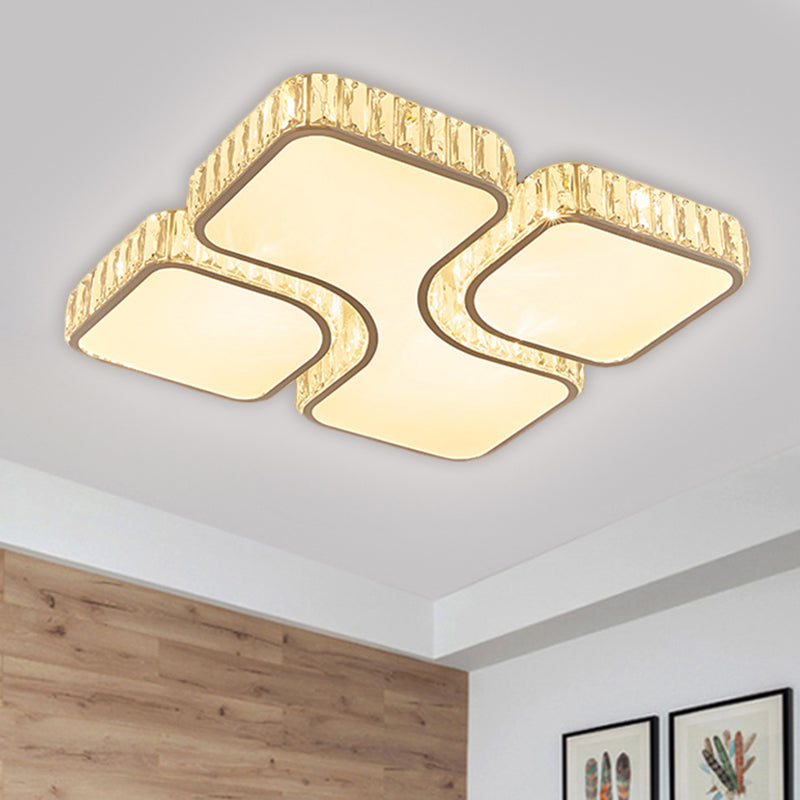 Modern LED Flush Lamp Chrome Square Ceiling Fixture- 16"/19.5" with Crystal Rectangle Shade in Warm/White Light