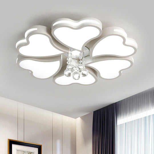 Modernist Heart Flush Light Metallic Ceiling Fixture with Crystal Accent - White, 6/8 Bulbs