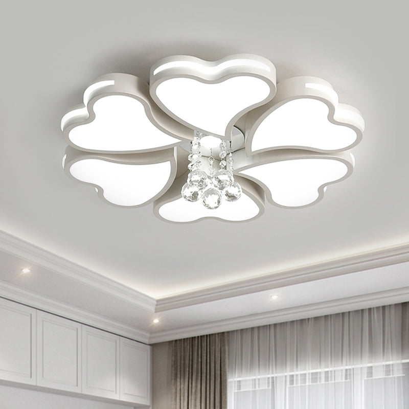Modernist Heart Flush Light Metallic Ceiling Fixture with Crystal Accent - White, 6/8 Bulbs
