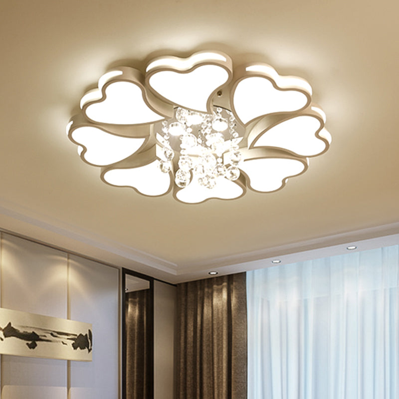 Modernist Heart Flush Light Metallic Ceiling Fixture with Crystal Accent - White, 6/8 Bulbs