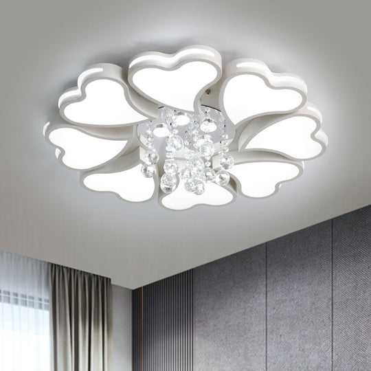 Modernist Heart Flush Light Metallic Ceiling Fixture With Crystal Accent - White 6/8 Bulbs