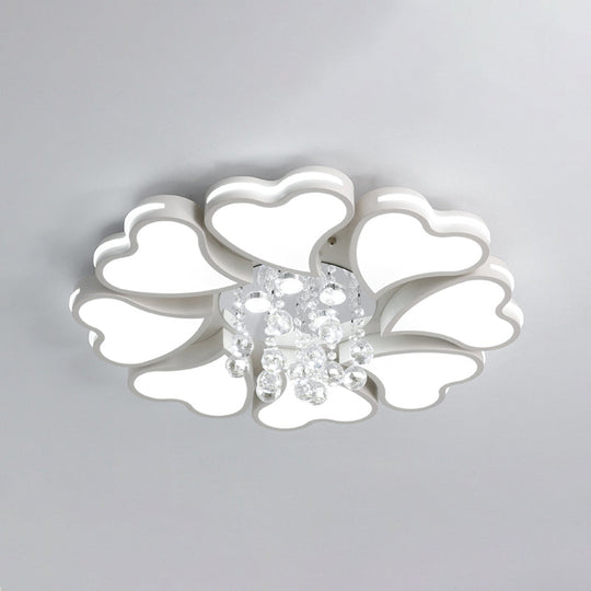 Modernist Heart Flush Light Metallic Ceiling Fixture with Crystal Accent - White, 6/8 Bulbs