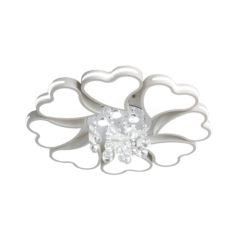 Modernist Heart Flush Light Metallic Ceiling Fixture with Crystal Accent - White, 6/8 Bulbs