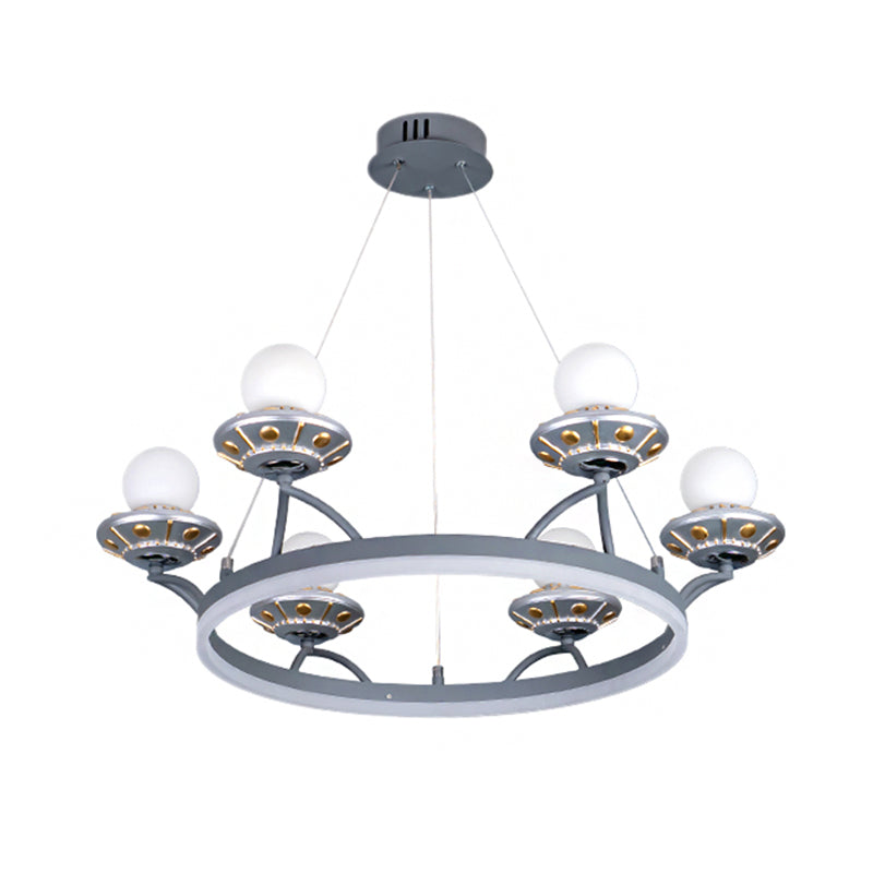 6-Light Silver Chandelier With Hanging Round Metal Frame And Sphere White Glass Shade - Kids Room