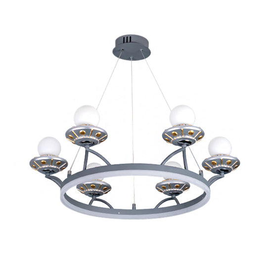 6-Light Silver Chandelier With Hanging Round Metal Frame And Sphere White Glass Shade - Kids Room