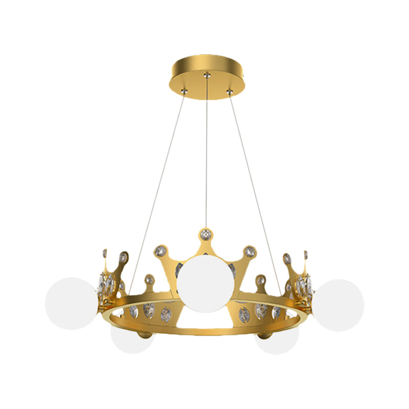 Gold Metal Crown Chandelier Lamp For Kids - 5/8 Lights Hanging Pendant With Frosted Glass Ball Shade
