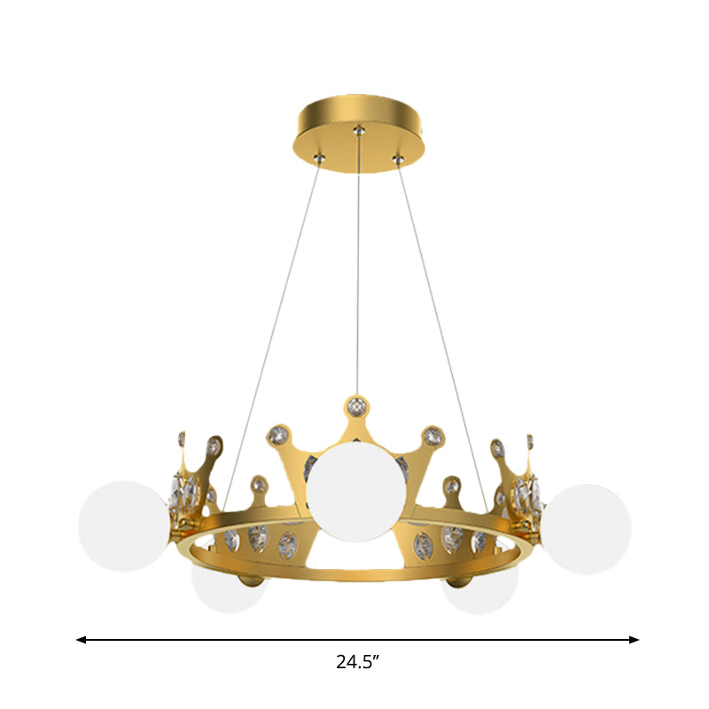 Gold Metal Crown Chandelier Lamp For Kids - 5/8 Lights Hanging Pendant With Frosted Glass Ball Shade