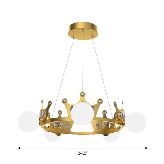 Gold Metal Crown Chandelier Lamp For Kids - 5/8 Lights Hanging Pendant With Frosted Glass Ball Shade
