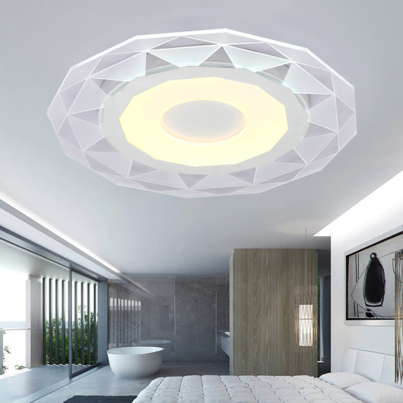 Wide LED Bedroom Flushmount with Polygon Acrylic Shade in White - 16.5"/20.5"/24.5" Sizes - Warm/White Light