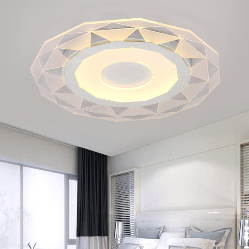Wide LED Bedroom Flushmount with Polygon Acrylic Shade in White - 16.5"/20.5"/24.5" Sizes - Warm/White Light