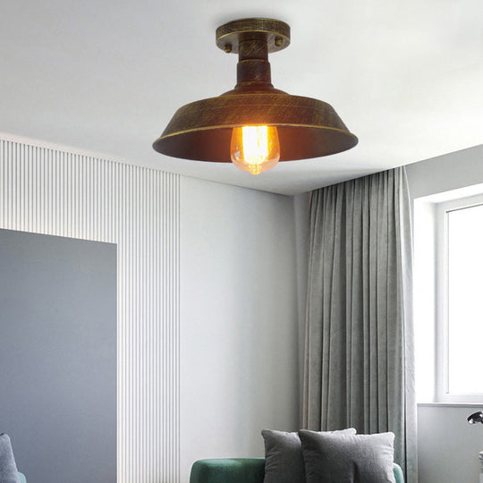 Barn Shade Semi-Flush Mount Ceiling Light in Aged Silver/Weathered Copper for Farmhouse Decor