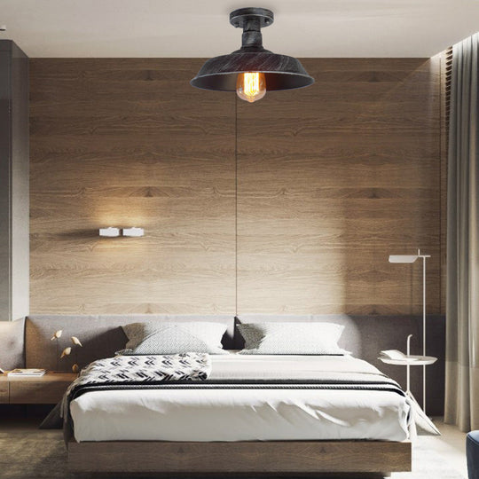 Barn Shade Semi-Flush Mount Ceiling Light in Aged Silver/Weathered Copper for Farmhouse Decor