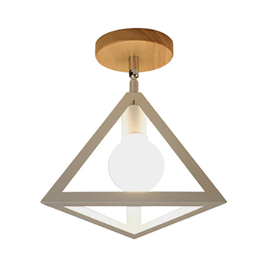 Vintage Wire Cage Semi Flush with Triangle Shade in Black/White