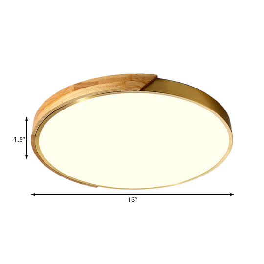 Sleek Drum Ceiling Light with LED Wood Flush Mount, White/Warm Light, 12"/16" Width