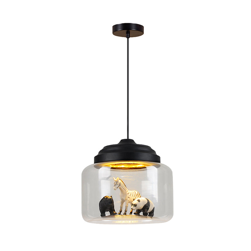 Modern Adjustable Glass Cylinder Bedroom Pendant Lamp With Animal Decor (Random Shipment)