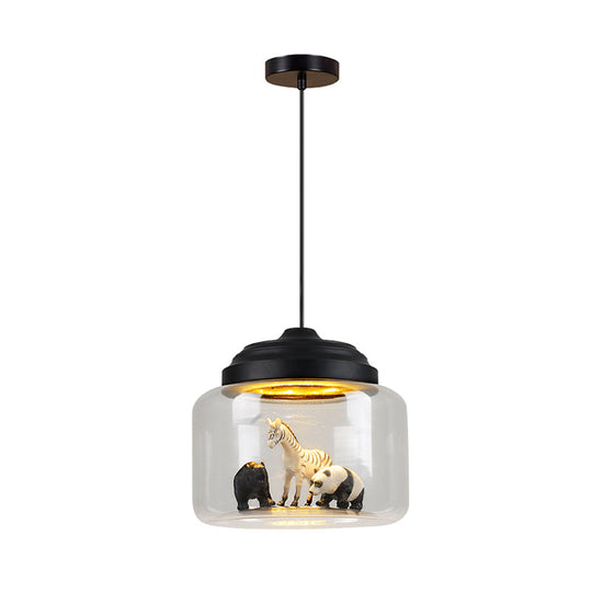 Modern Adjustable Glass Cylinder Bedroom Pendant Lamp With Animal Decor (Random Shipment)