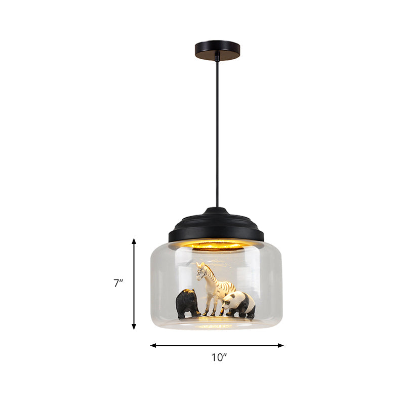 Modern Adjustable Glass Cylinder Bedroom Pendant Lamp With Animal Decor (Random Shipment)