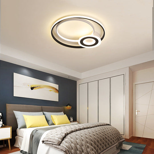 Nordic Acrylic Flush Mount LED Ceiling Fixture - Multi Rings, Black/White, 16"/19.5"/23.5" Dia, for Bedroom with Warm/White Lighting