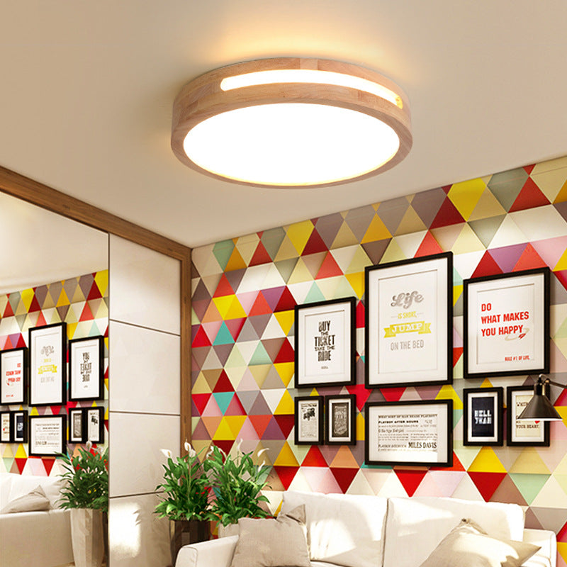 Nordic LED Flush Ceiling Light with Natural Wood Drum Design, Warm/White Lighting, 12"/16"/19.5" Diameter