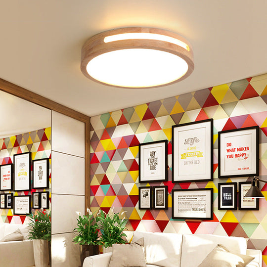 Nordic Led Flush Ceiling Light With Natural Wood Drum Design Warm/White Lighting 12/16/19.5 Diameter