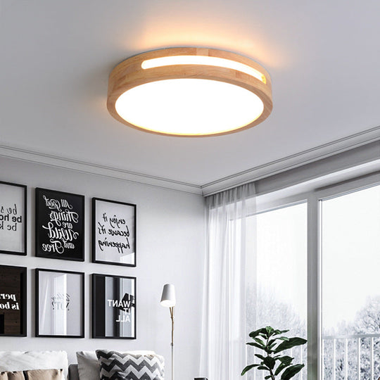 Nordic LED Flush Ceiling Light with Natural Wood Drum Design, Warm/White Lighting, 12"/16"/19.5" Diameter