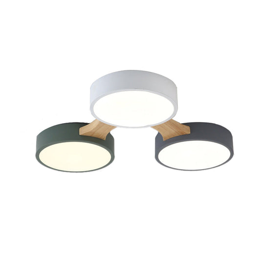 Nordic Wood and Metal Flush Ceiling Light - Round, Grey Shade, 3/4/5 Lights, Ideal for Bedroom - Warm/White