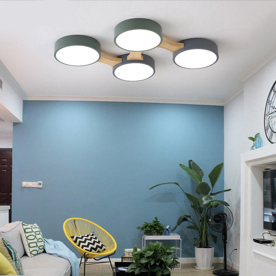 Nordic Wood and Metal Flush Ceiling Light - Round, Grey Shade, 3/4/5 Lights, Ideal for Bedroom - Warm/White