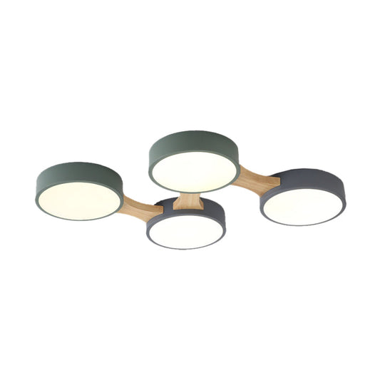 Nordic Wood And Metal Flush Ceiling Light - Round Grey Shade 3/4/5 Lights Ideal For Bedroom