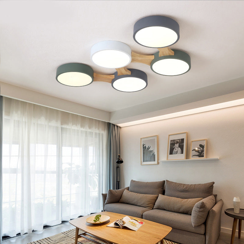 Nordic Wood and Metal Flush Ceiling Light - Round, Grey Shade, 3/4/5 Lights, Ideal for Bedroom - Warm/White