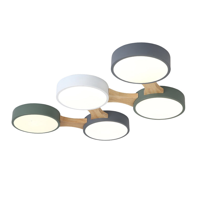 Nordic Wood and Metal Flush Ceiling Light - Round, Grey Shade, 3/4/5 Lights, Ideal for Bedroom - Warm/White