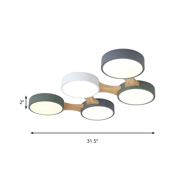 Nordic Wood and Metal Flush Ceiling Light - Round, Grey Shade, 3/4/5 Lights, Ideal for Bedroom - Warm/White