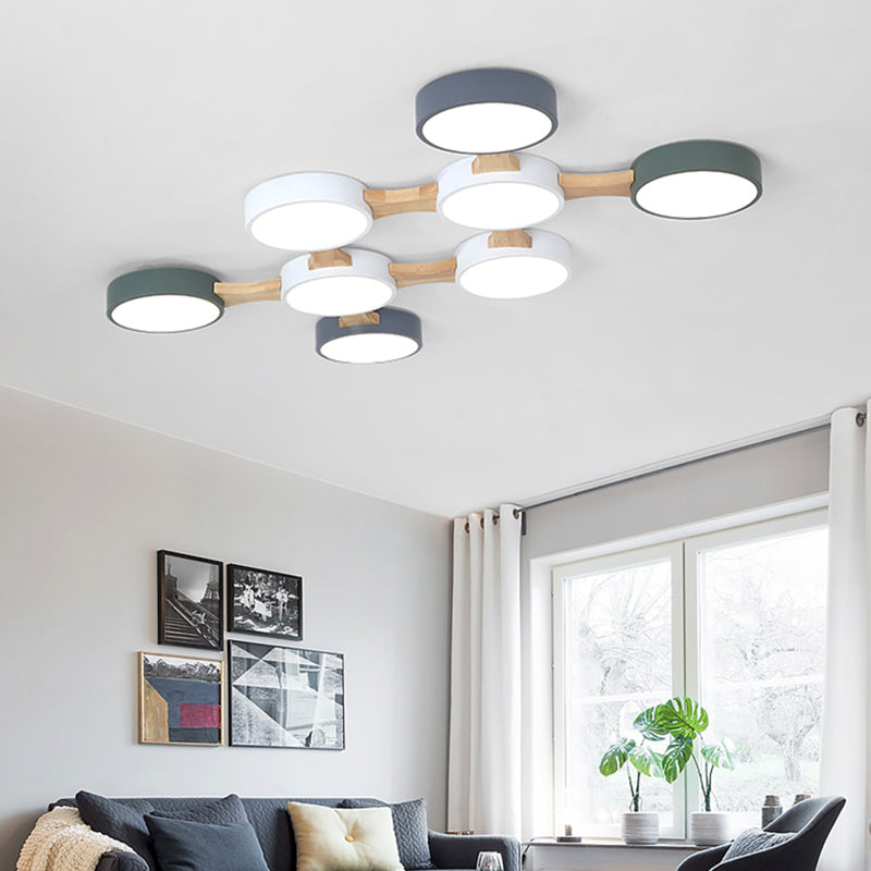 Nordic Wood and Metal Flush Ceiling Light - Round, Grey Shade, 3/4/5 Lights, Ideal for Bedroom - Warm/White