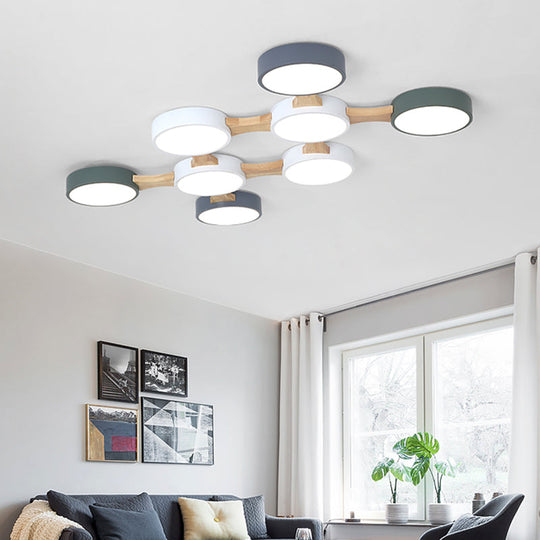 Nordic Wood and Metal Flush Ceiling Light - Round, Grey Shade, 3/4/5 Lights, Ideal for Bedroom - Warm/White