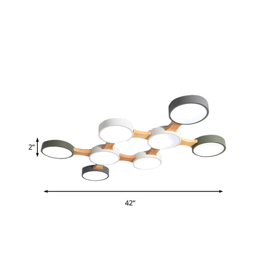 Nordic Wood and Metal Flush Ceiling Light - Round, Grey Shade, 3/4/5 Lights, Ideal for Bedroom - Warm/White